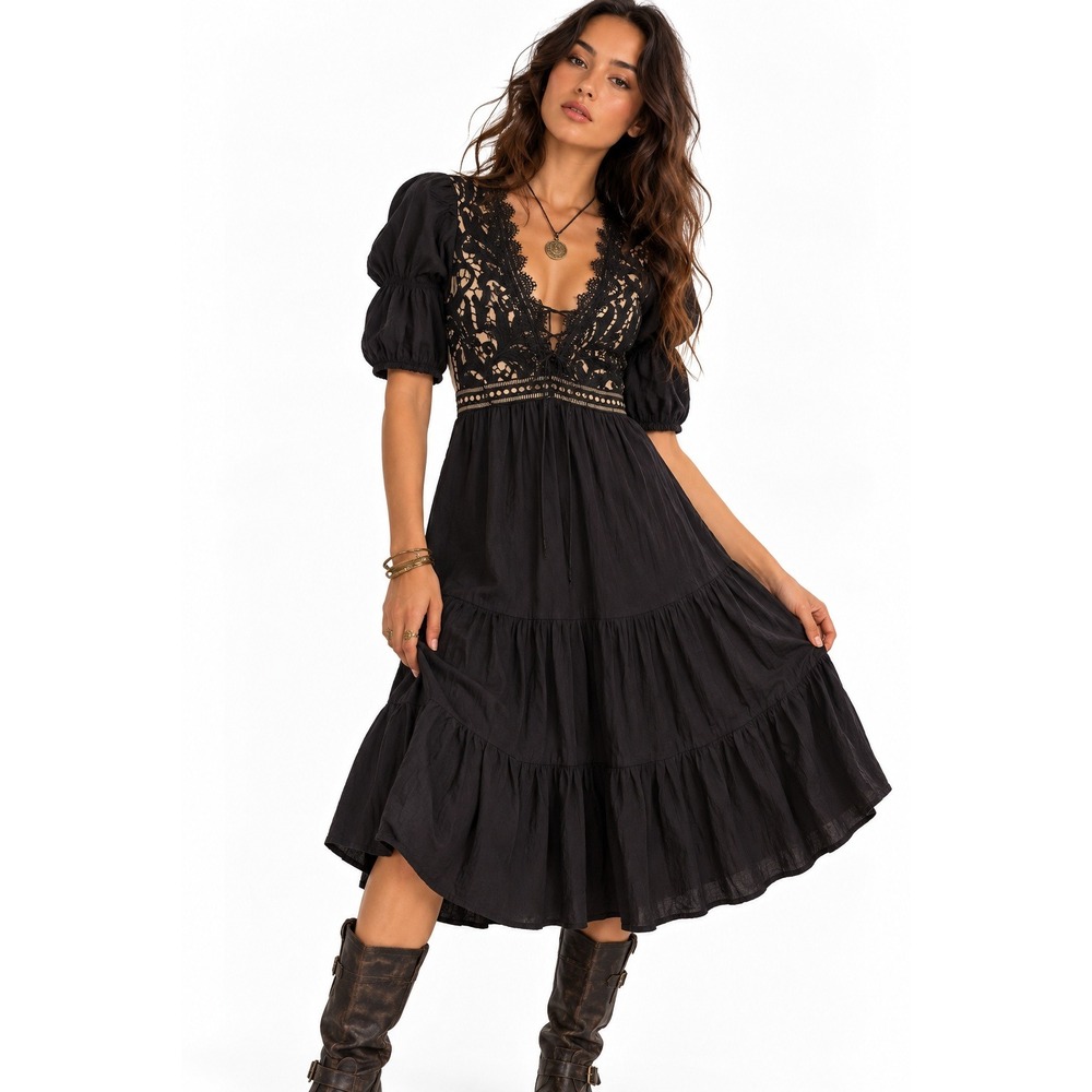 Twosisters Label Black Lace Puff Tiered Dress XS Corset Bodice Dark Cottagecore